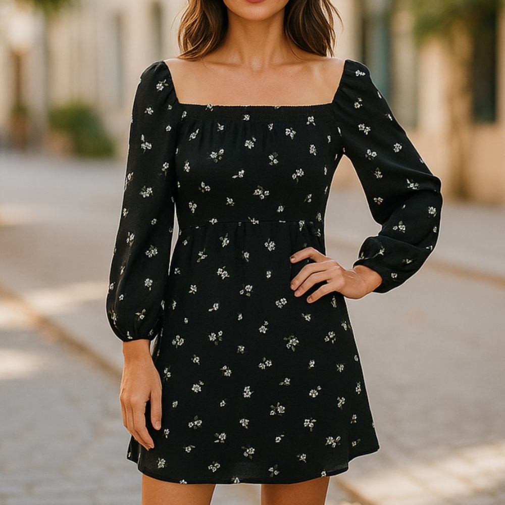 Abercrombie &‎ Fitch Smocked Black Floral Dress Size Small Mini Long Sleeve Boho